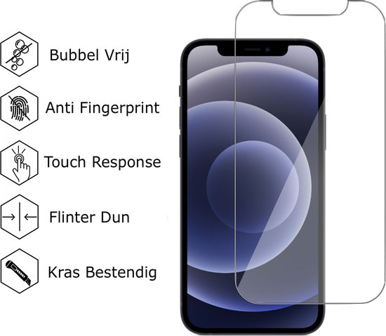 iPhone 11 met screenprotector. Links staan pictogrammen voor "Bubbel Vrij", "Anti Fingerprint", "Touch Response", "Flinter Dun", "Kras Bestendig".