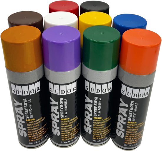 Foto: Spuitverf set 10 kleuren 10x 200ml sneldrogend graffiti paint spray can spray paint voor hout steen muur metaal glas zwart wit blauw groen rood geel paars oranje roze bruin