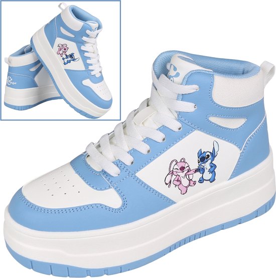Stitch en Angel Disney Dames Hoge Sneakers, Blauw-Witte Sportschoenen