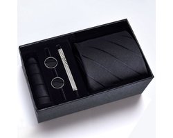 Zijde Stropdas Set - Stropdas met Pochet, Manchetknopen en Dasspeld - 100% Zijde Tie Set - Zwarte Stroken