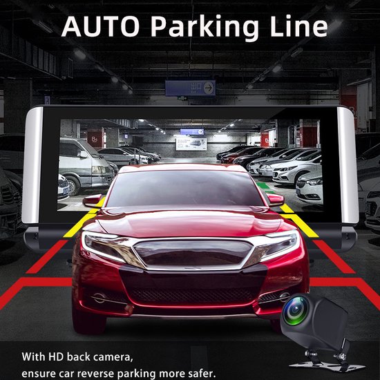 Auto met parkeerlijnen op het scherm van een achteruitrijcamera in een parkeergarage. Rode en gele lijnen geven de parkeerhulp aan.