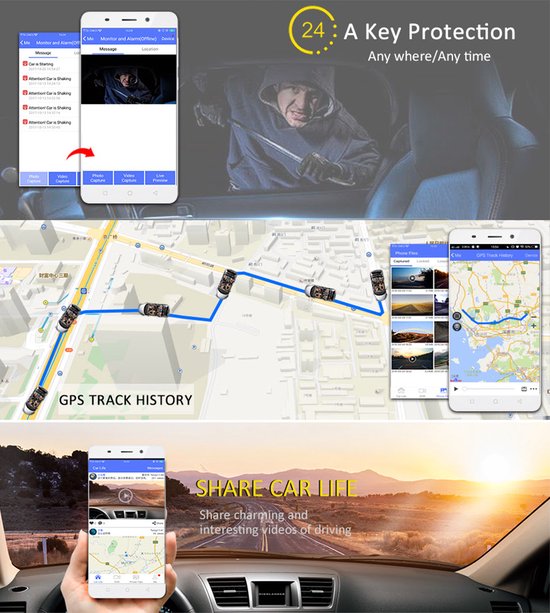 Telefoonweergave met berichten over alarm en GPS-trackgeschiedenis. Weergave van een route op een kaart met beelden van het delen van rijvideo's.