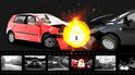 Botsingsschade tussen een rode en zwarte auto, met een beveiligd slot-icoon.