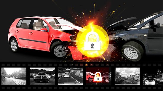 Botsingsschade tussen een rode en zwarte auto, met een beveiligd slot-icoon.