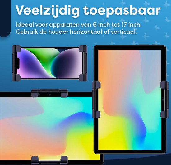 Zwarte houders met tablets en smartphone, van 6 tot 17 inch.