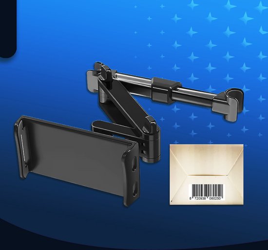 Zwarte tablet- en telefoonhouder met onderdelen.
