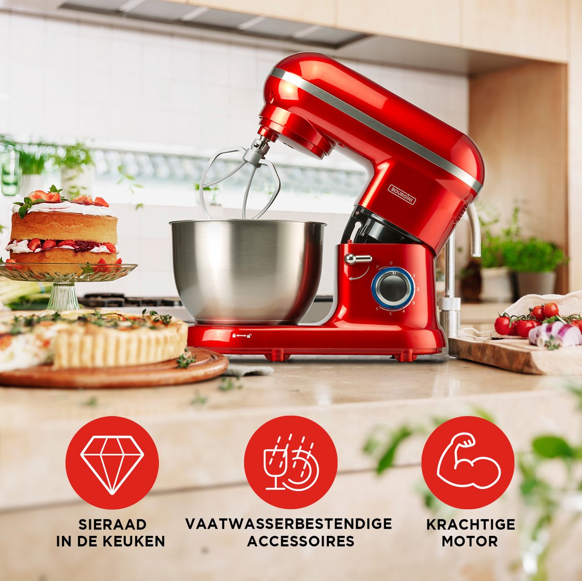 Bourgini Classic Kitchen Chef Keukenmachine - 4.5L Mengkom - Keukenmixer - Keukenrobot - 1300W- Rood thumbnail 5