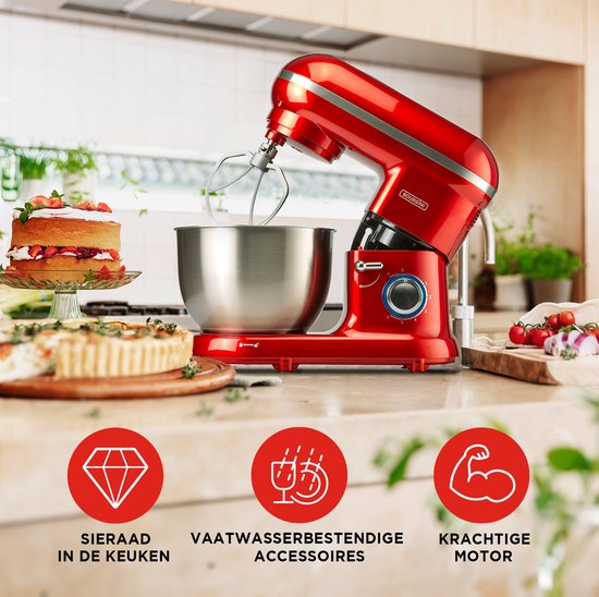Bourgini Classic Kitchen Chef Keukenmachine - 4.5L Mengkom - Keukenmixer - Keukenrobot - 1300W- Rood van Bourgini — afbeelding 5