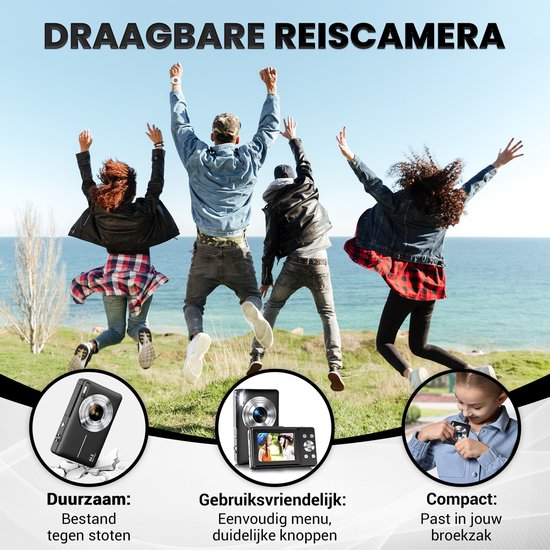 Zwarte compactcamera. Vier jongeren springen vreugdevol bij de zee. Voorbeelden: duurzaam, gebruiksvriendelijk en compact.