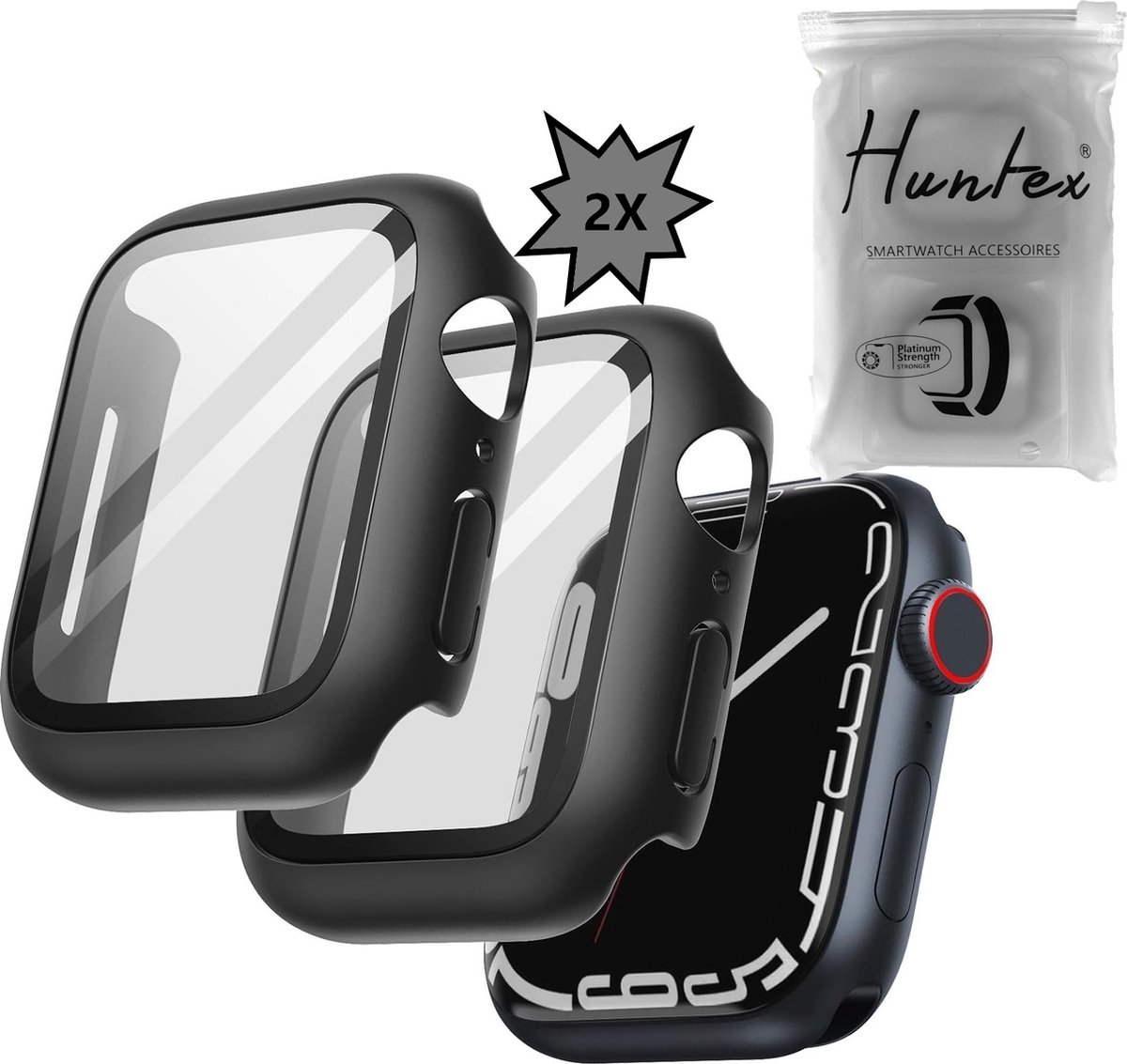 Huntex Screenprotector Geschikt voor Apple Watch 7 / 8 / 9 45mm - 2 Stuks - Zwart