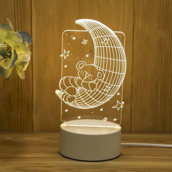 3D illusie LED lampje - Beer op maan - Moon bear - Warm licht - Inclusief 230v stekker - Tafellamp - Sfeerlamp - Bureaulamp - Nachtlamp - Cadeautje - Kinderlamp - Decoratie - Geboorte - Verjaardag - Valentijn