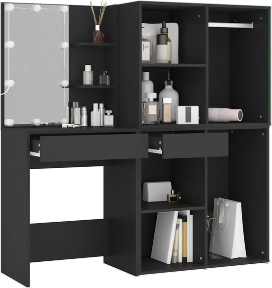 BAO Ensemble de coiffeuse avec LED Noir Bois de pin solide