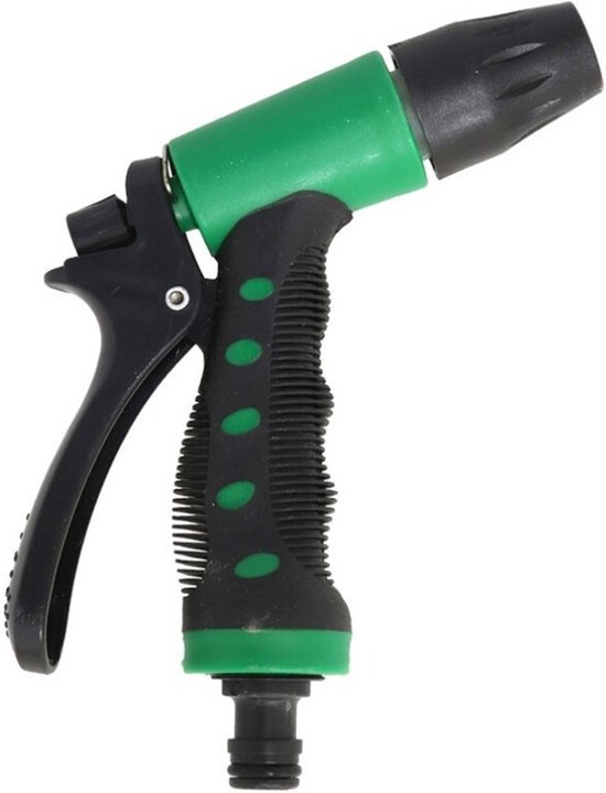 Groen en zwart spuitpistool voor tuinslang, met greep en verstelbare spuitmond.