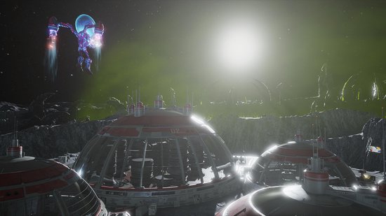 Een alien in een pak met jetpacks vliegt boven een maanlandschap met koepelvormige bases, verlicht door de zon.