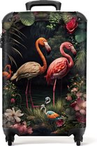 NoBoringSuitcases.com® Koffer - Flamingo - Bloemen - Jungle - Roze - Bladeren - Reiskoffer met wielen - Trolley op wieltjes - Past binnen 55x40x20 cm en 55x35x25 cm - Handbagagekoffer - Koffertje