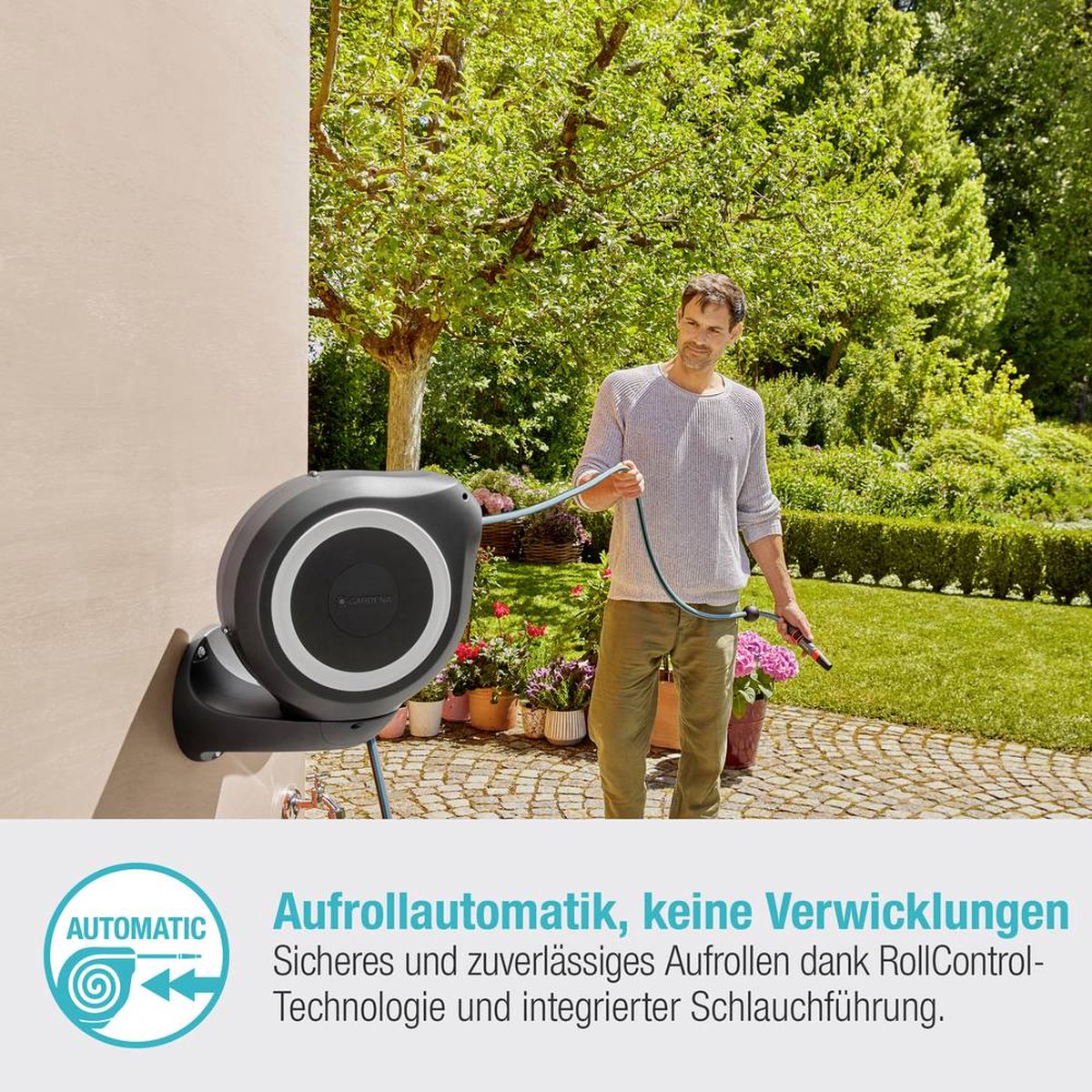 Gardena wandslangenbox RollUp M 20 m: Flexibele besproeiing voor middelgrote tuinen, zwenkbare slanghaspel, met wandhouder, systeemdelen en spuit incl. 20 m Gardena slang (18610-20