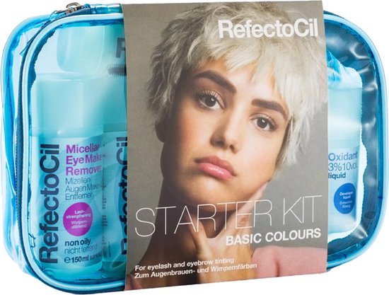 RefectoCil Starter Kit Basic Colours in blauw tasje, met een kaart met model en flesjes.