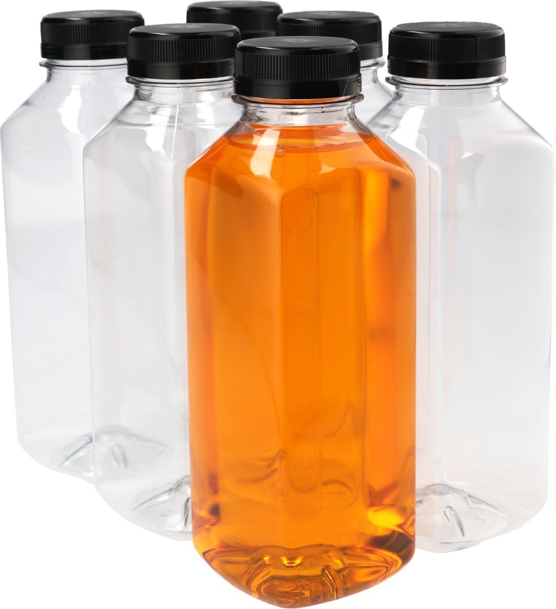 6x Sapfles Plastic 500 ml - Vierkant - PET Flessen met Dop, Sapflessen, Plastic Flesjes Navulbaar, Smoothie Sap Fles - Kunststof BPA-vrij - Rond - Set van 6 Stuks