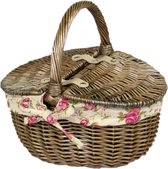 Antieke wasmand met dubbele deksels - Ovale picknickmand met roze voering - Bruin wicker - Afmetingen 23 x 30 x 17 cm picnic basket