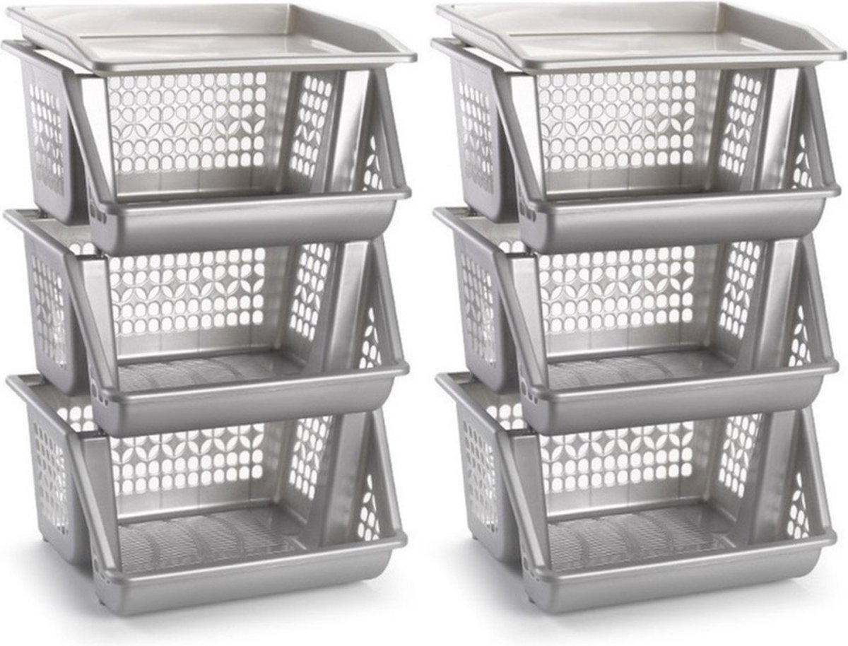Plasticforte Opbergkrat - 2x - zilver - 3 vakken - 62 cm - Stapelkratten - Stapelbare manden