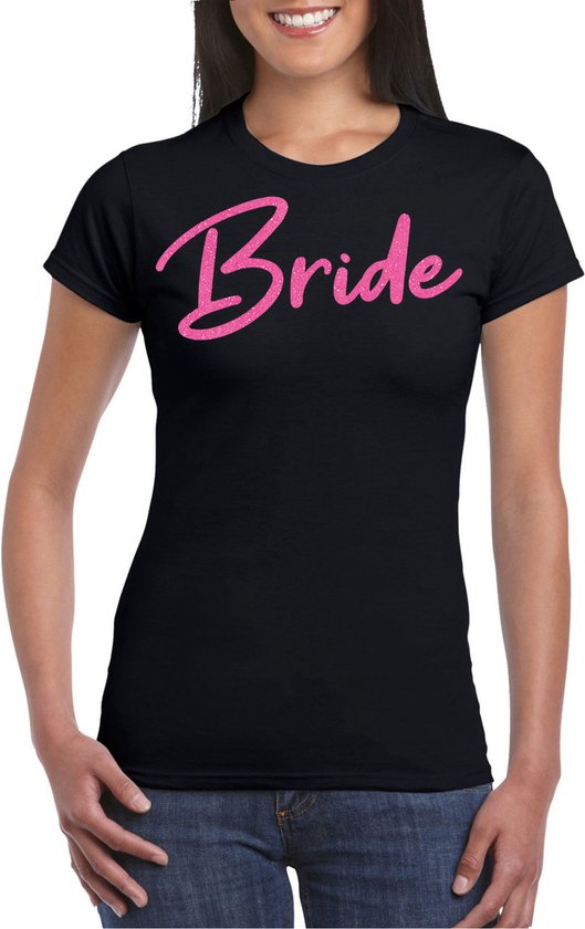 Bellatio Decorations Vrijgezellenfeest T-shirt dames - Bride - zwart - glitter roze - bruiloft L