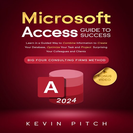Microsoft Access Guide to Success 2024 - Boek met rode achtergrond en rode databasedisk.