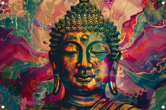 Boeddha poster - Religie tuinposter - Tuinposters Lijnen - Wanddecoratie tuin - Buitenschilderij schutting - Decoratie muur tuinposter 75x50 cm