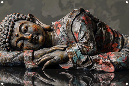 Boeddha poster - Sculptuur poster - Tuinposters Reflectie - Wanddecoratie buiten - Tuin poster - Posters tuinposter 75x50 cm
