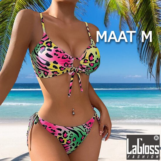 LaGloss® Neon Panter print Bikini- zomer - beach swimsuit - strand bikini zwembad - 2-delig - Maat M %%