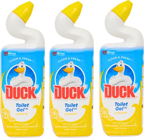 Drie flessen Duck Toilet Gel Lemon met gele doppen en het eendenlogo.