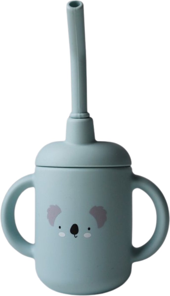 Goedkoopste Babyboel Drinkbeker met dierenpatroon - Grijsblauwe Koala - Herbruikbare siliconen oefenbeker - Twee handige handvaten, inclusief rietje - Tuitbeker 120ML - Morsvrij ontwerp voor zorgeloos drinken