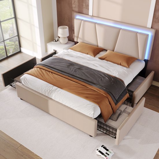 Sweiko Gestoffeerd bed met LED verlichting en 4-laden, 160x200cm, in hoogte verstelbaar hoofdeinde, eenpersoonsbed Opbergbedden Bed frame, Houten lattenbod, Beige (Zonder matras)