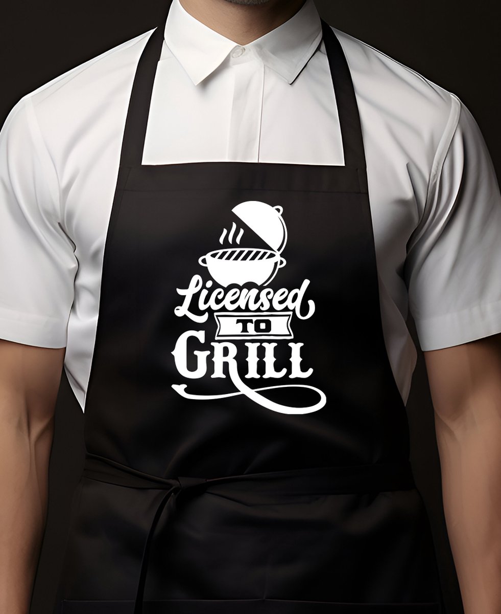 Keukenschort Zwart | 65x90cm | LICENTED TO GRILL | 100% katoen | Schort / Keukenschorten | Verjaardags cadeau | BBQ - VADERDAG - MOEDERDAG - Met tekst