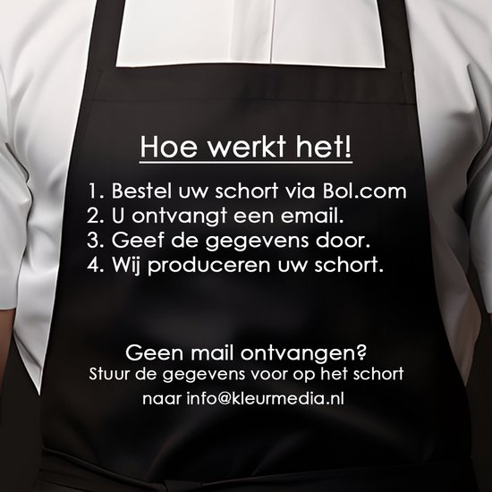 Zwart schort met witte tekst: 'Hoe werkt het! 1. Bestel uw schort via Bol.com 2. U ontvangt een email. 3. Geef de gegevens door. 4. Wij produceren uw schort.' en 'Geen mail ontvangen? Stuur de gegevens voor op het schort naar info@kleurmedia.nl'.