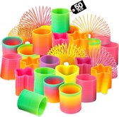 Al Baari - Regenboog Lente Speelgoed Assortiment - Pak van 50 Mini Plastic Spiraal Veer Speelgoed - Heldere Kleuren en Vormen, Goody Bag Vuller, Weggeef Cadeautjes en Sokjesvullers voor Kinderen