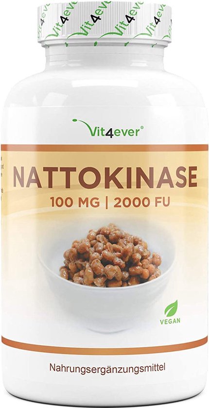 Nattokinase - 180 capsules - 100 mg (20.000 FU/g) - 6 maanden voorraad - laboratorium getest - hoge dosering - veganistisch - van GMO-vrije soja - zonder ongewenste toevoegingen - Vit4ever