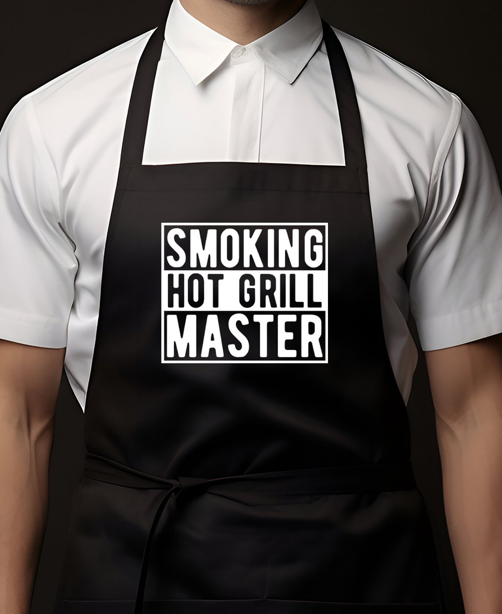 Keukenschort Zwart | 65x90cm | SMOKING HOT GRILL MASTER | 100% katoen | Schort / Keukenschorten | Verjaardags cadeau | BBQ - VADERDAG - MOEDERDAG - Met tekst