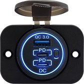 ProRide® 12V USB/USB C Stopcontact 3 Poorten met schakelaar - Inbouw - QC3.0 - USB Autolader, Boot en Camper - Complete set - Blauw