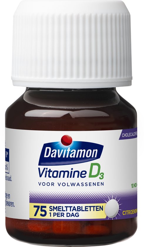 Davitamon Vitamine D3 voor volwassenen. Pot met 75 smelttabletten citroensmaak.