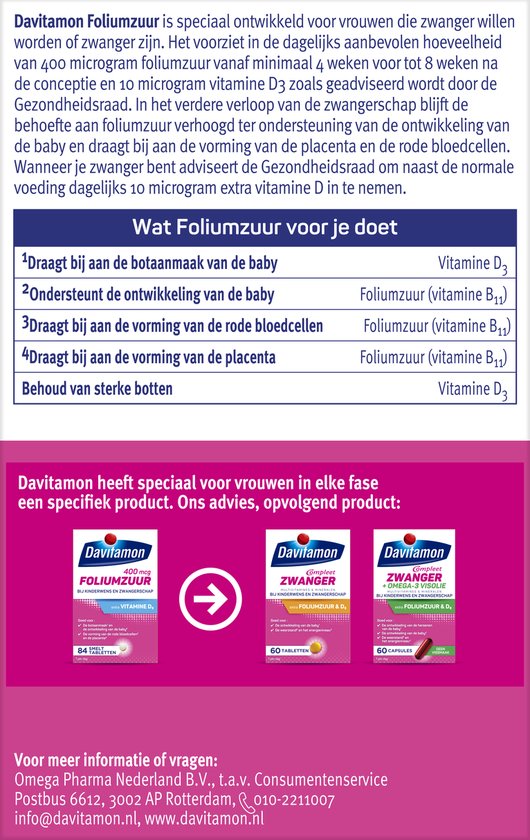 Informatiepagina Davitamon Foliumzuur met extra vitamine D3 voor vrouwen die zwanger willen worden of al zijn. Toont verpakkingen van 60 capsules, 60 tabletten en 84 smelttabletten.