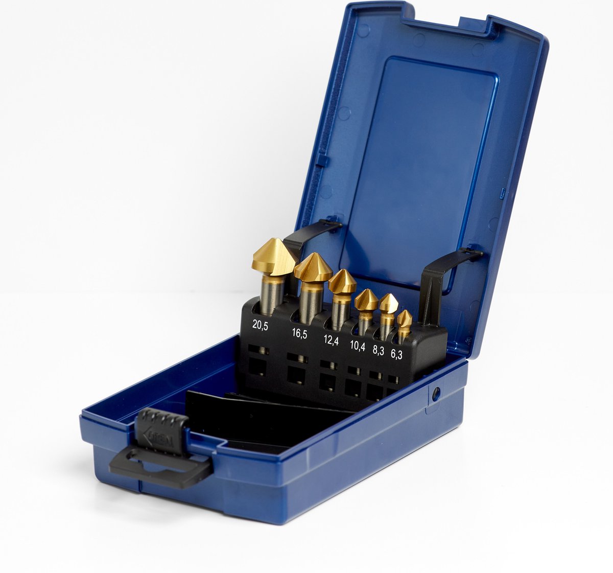 Verzinkfrees , Souvereinboor set 6-dlg HSS DIN335C 90° V-FL 6.3/8.3/10.4/12.4/16.5/20.5mm (TiN), in ABS-cassette