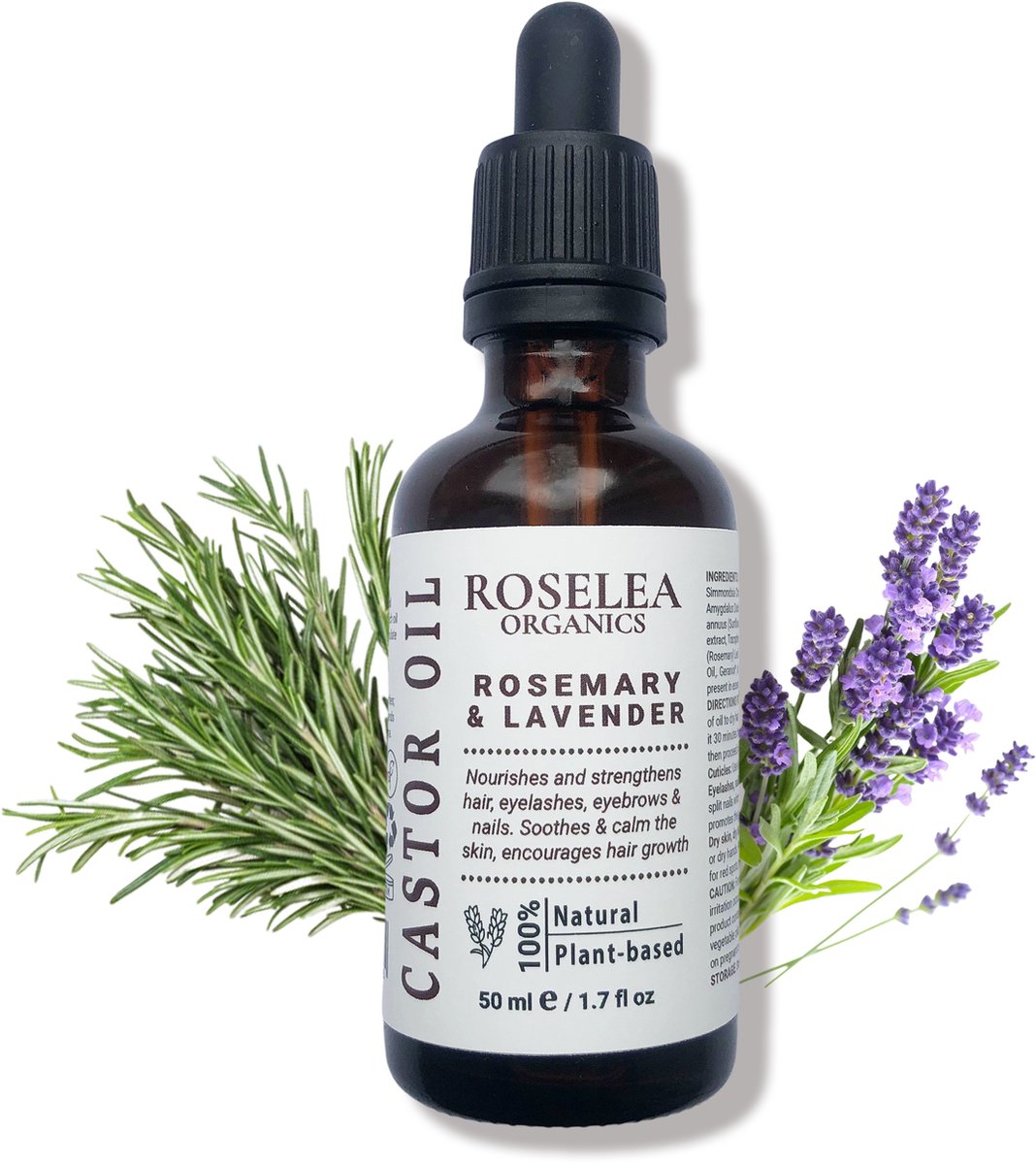 Roselea Organics - Biologische Castorolie met Rozemarijn & Lavendel - Voedt het haar en stimuleert de haargroei. Versterkt haar, wimpers, wenkbrauwen en nagels - 100 % NATUURLIJK - 50 ml