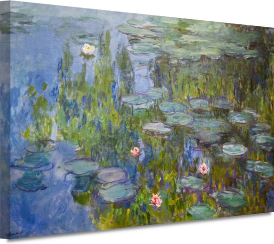 Claude Monets Waterlelies schilderij op canvas, met waterlelies in een vijver.