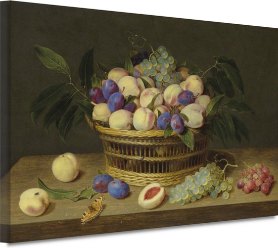 Perziken, pruimen en druiven in een rieten mand, met fruit en een vlinder op een houten tafel - Jacob van Hulsdonck - 70x50 cm