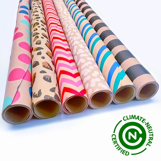 Inpakpapier 6 rollen - Duurzaam - FSC & Plasticvrij - Klimaat neutraal gecertifiseerd - Cadeaupapier Kraft - 200x70cm - Verjaardag - Goud Zwart Blauw Rood Groen - Assorti