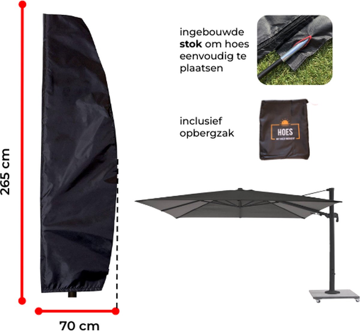 Luxe Parasolhoes met ingebouwde stok en rits voor zweefparasol