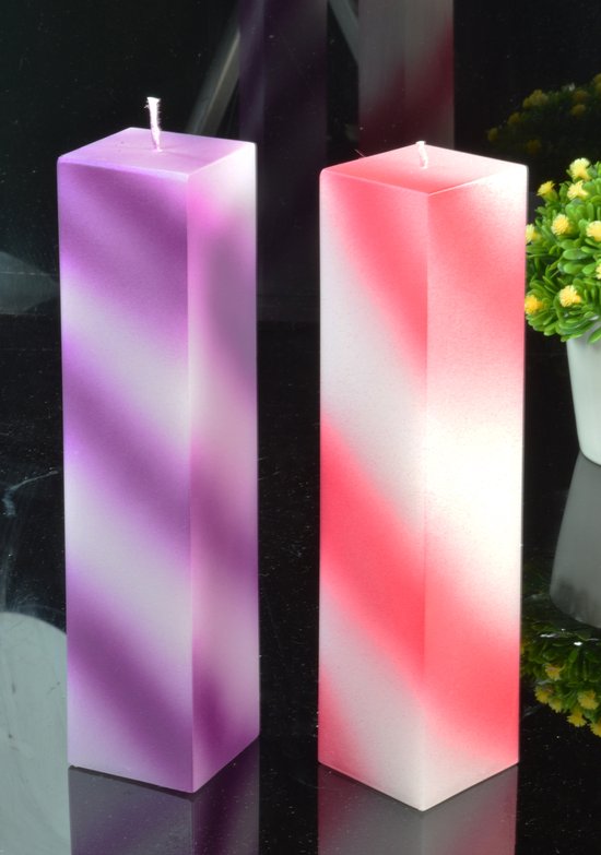 Candles by Milanne, Kwadrant Kaars Lang 22 cm, set van 2 stuks: 1x lila met wit metallic + 1x rood met wit metallic