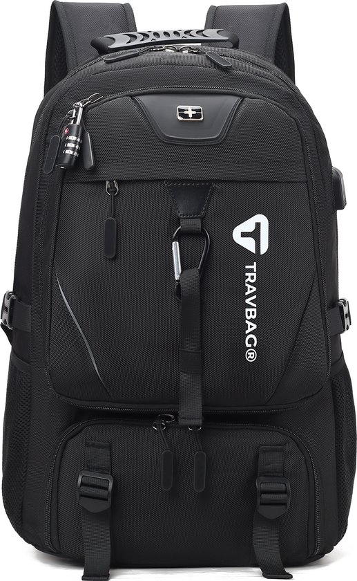 TravBag - Rugtas - 65 Liter - Met Reis Slot - Backpack Reistas - Optimaal Draagcomfort - Grote Capaciteit - Functioneel - Anti diefstal - Laptop - 17.3 inch - Waterafstotend - Veelzijdige Opbergruimte - USB Oplaadpoort - Schoenen vak - Zwart