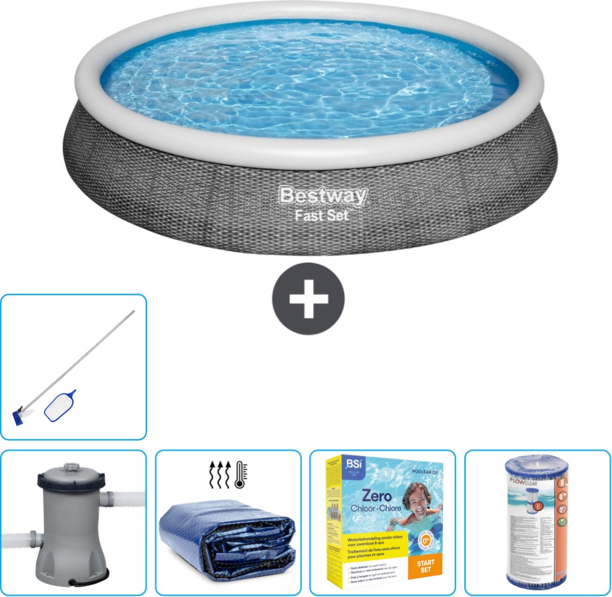 Bestway Rond Opblaasbaar Fast Set Zwembad - Rotanprint - 396 x 84 cm - Inclusief Pomp Solarzeil - Onderhoudspakket - Filter - Schoonmaakset