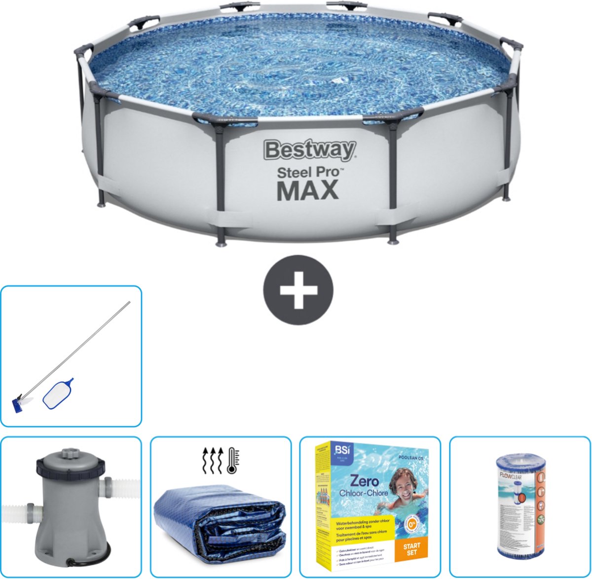 Bestway Rond Steel Pro MAX Zwembad – 305 x 76 cm – Grijs – Inclusief Pomp Solarzeil – Onderhoudspakket – Filter – Schoonmaakset Bestway Rond Steel Pro MAX Zwembad – 305 x 76 cm – Grijs – Inclusief Pomp Solarzeil – Onderhoudspakket – Filter – Schoonmaakset